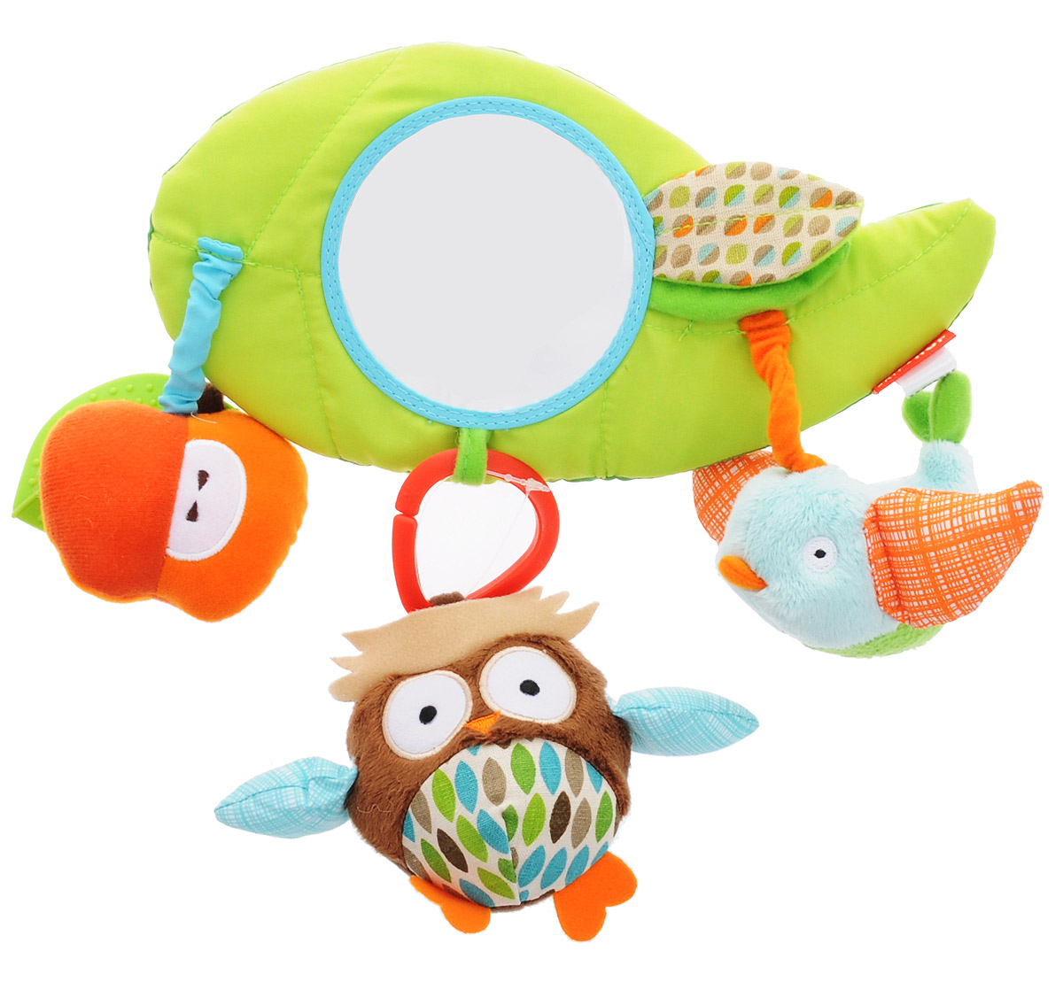 Skip Hop Развивающая игрушка-подвеска на коляску ДрузьяSH 185600 Skip Hop Развивающая игрушка-подвеска на коляску ДрузьяSH 185600Развивающая игрушка-подвеска на коляску Skip Hop Друзья обязательно понравится вашему малышу. Игрушка выполнена из разнофактурных текстильных материалов и пластика в виде большого листочка с безопасным зеркалом, шуршащим листочком и прикрепленными игрушками: птичкой, совой и яблоком. Птичка оснащена пищалкой, в сову и яблоко вшиты погремушки, к яблоку прикреплен прорезыватель в виде листика. Игрушку-подвеску можно установить на коляску или детское кресло с помощью застежек-липучек. Яркая игрушка-подвеска Skip Hop Друзья поможет развить у малыша мелкую моторику рук, звуковое и зрительное восприятие, тактильные ощущения, координацию движений, а милый, жизнерадостный образ подарит малышу хорошее настроение! Не содержит бисфенол А, поливинилхлорид и фталаты.