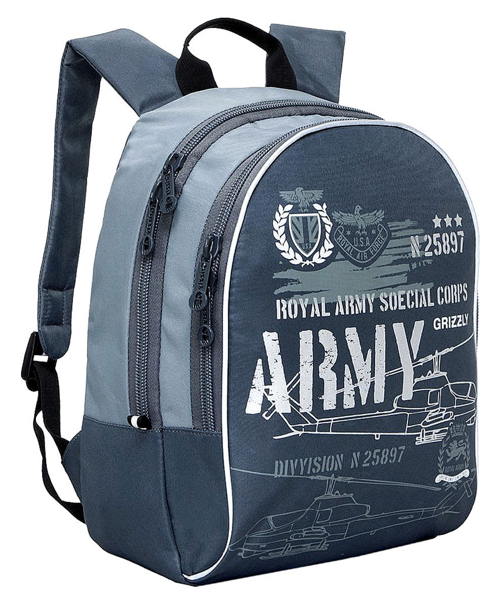 Grizzly Рюкзак детский Army цвет серыйRB-628-3/3 Grizzly Рюкзак детский Army цвет серыйRB-628-3/3Школьный рюкзак Grizzly - это красивый и удобный рюкзак, который подойдет всем, кто хочет разнообразить свои школьные будни. Рюкзак выполнен из плотного материала и оформлен принтом в армейской тематике. Рюкзак имеет два основных отделения на молнии. Большое отделение содержит внутри открытый накладной карман. Внутри второго отделения имеется накладной открытый карман и три открытых кармашка под канцелярские принадлежности. Бегунки застежки-молнии дополнены удобными держателями с логотипом Grizzly. Рюкзак также оснащен удобной ручкой для переноски и светоотражающими элементами. Широкие лямки можно регулировать по длине. Многофункциональный детский рюкзак станет незаменимым спутником вашего ребенка.