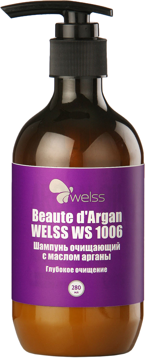Шампунь очищающий с маслом арганы Beaute d`Argan WELSS WS 1006, 280млWS 1006 Шампунь очищающий с маслом арганы Beaute d`Argan WELSS WS 1006, 280млWS 1006Комбинация очищающих агентов, разработанная специалистами компании WELSS, глубоко очищает кожу головы и волосы по всей длине. Шампунь удаляет остатки укладочных средств и хлора, помогает регулировать баланс влажности, максимально подготавливает волосы к окрашиванию и химической завивке.