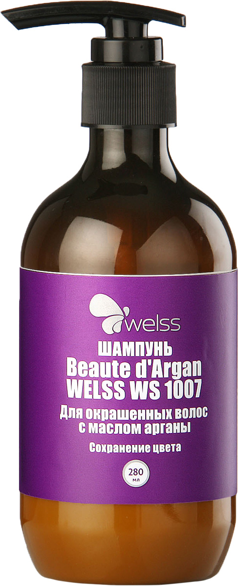 Шампунь для окрашенных волос с маслом арганы Beaute d`Argan WELSS WS 1007, 280млWS 1007 Шампунь для окрашенных волос с маслом арганы Beaute d`Argan WELSS WS 1007, 280млWS 1007Шампунь предназначен для защиты цвета окрашенных волос, которые утратили естественный блеск и эластичность. Шампунь имеет уникальную формулу, которая восстанавливает повреждённые волосы, защищает их от вредного воздействия окружающей среды и излишней сухости.