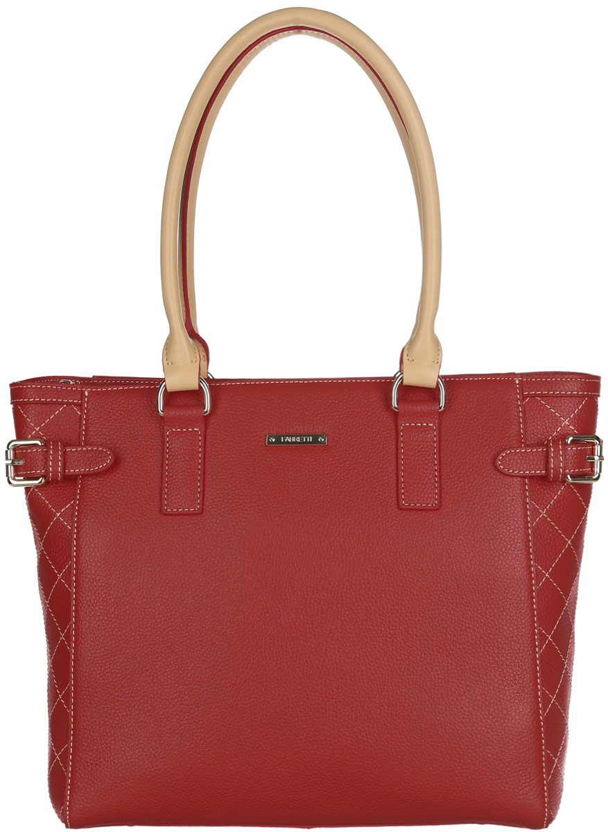 Сумка женская Fabretti, цвет: красный. N2533N2533-red Сумка женская Fabretti, цвет: красный. N2533N2533-redСтильная вместительная женская сумка Fabretti выполнена из натуральной кожи зернистой фактуры, оформлена металлической пластиной логотипа бренда, контрастной отстрочкой и декоративными хлыстиками с пряжками. Сумка вмещает документы формата А4. Изделие состоит из одного отделения, закрывающегося на металлическую застежку-молнию. Отделение содержит карман-средник на молнии, два нашивных кармана для телефона и мелочей, два врезных кармана на молниях. На тыльной стороне расположен врезной карман на молнии. Сумка оснащена двумя удобными ручками, высота которых позволяет носить ее в руке, на запястье или на плече. Ручки выполнены в контрастном цвете и дополнены у основания металлическими элементами. Дно сумки дополнено металлическими ножками, защищающими ее от механических повреждений. Прилагается фирменный текстильный чехол для хранения изделия. Сумка Fabretti внесет элегантные нотки в ваш образ и подчеркнет ваше отменное чувство стиля.