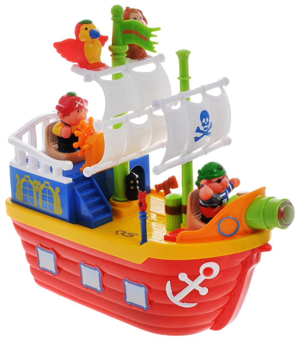 Kiddieland Развивающая игрушка Пиратский корабльKID 038075 Kiddieland Развивающая игрушка Пиратский корабльKID 038075Яркая развивающая игрушка Kiddieland Пиратский корабль обязательно порадует малыша приятными мелодиями, забавными звуками и мигающими огоньками. Восхитительный корабль с множеством игровых функций, светом, музыкой и съемными персонажами! Вращайте штурвал, чтобы услышать шум волн, звук колокола и приятные мелодии, или нажмите на кнопку на пушке, чтобы услышать звук выстрела. Корабль раскрывается на две части, представляя взору ребенка внутреннее содержимое. Внутри корабля спальный отсек, кладовка с продуктами, и, конечно же, пиратские сокровища! На корабле можно установить специальные фигурки - двух пиратов, обезьянку и попугая. Кроме этого, на палубе живет мышка, установлены факелы, подвижная подзорная труба и две звуковые кнопки в виде люка и каната. Игрушка оборудована колесиками для катания! На носу корабля предусмотрена дырочка, за которую можно будет привязать веревочку и катать игрушку по полу. Игрушка способствует развитию мелкой моторики, слухового и...