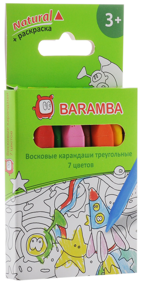 Baramba Набор цветных восковых карандашей Natural 7 цветовB97307 Baramba Набор цветных восковых карандашей Natural 7 цветовB97307Цветные восковые карандаши Baramba Natural откроют юным художникам новые горизонты для творчества, а также помогут отлично развить мелкую моторику рук, цветовое восприятие, фантазию и воображение. Карандаши содержат пищевые красители, не имею запаха, не пачкают руки, проводят очень мягкие, яркие, толстые линии. Карандаши удобно держать в руках благодаря оригинальной трехгранной форме, а мягкий материал не требует сильного нажима. В комплект входят 7 восковых карандашей ярких насыщенных цветов и карточка-раскраска.