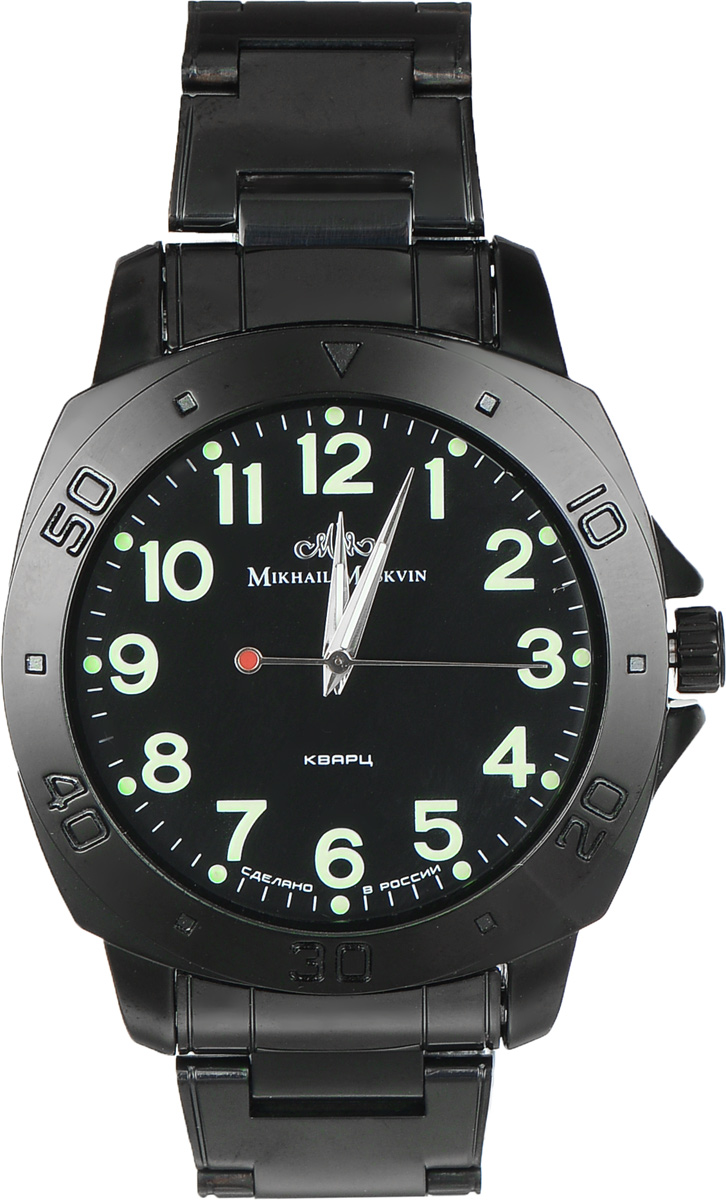 Часы наручные мужские Mikhail Moskvin, цвет: черный. 1125A11B51125A11B5 Часы наручные мужские Mikhail Moskvin, цвет: черный. 1125A11B51125A11B5Стильные мужские наручные часы спортивного стиля Mikhail Moskvin изготовлены из высокотехнологичной гипоаллергенной нержавеющей стали и дополнены ремешком из полированной стали. Для того чтобы защитить циферблат от повреждений в часах используется высокопрочное минеральное стекло. Крупный корпус с широким браслетом укомплектован надежным, высокоточным японским кварцевым механизмом, производства фирмы Seiko Epson. Черное покрытие высокого качества выполнено по современным технологиям ионного напыления и придает стойкость к коррозии. Чтобы подчеркнуть спортивный характер модели на круглом безеле расположены крупные индексы - обозначение минутных показателей в виде арабских цифр и квадратных знаков. Черный циферблат служит контрастным фоном для контрастных арабских цифр, минутной дорожки и серебристых заостренных стрелок с люминесцентным заполнением. Браслет комплектуется надежной и удобной в использовании застежкой-клипсой, которая позволит с легкостью снимать и надевать часы....