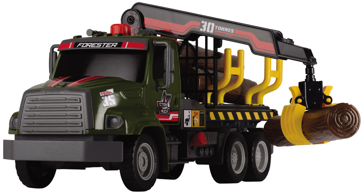Dickie Toys Лесовоз с манипулятором3806001 Dickie Toys Лесовоз с манипулятором3806001Лесовоз Dickie Toys, оснащенный манипулятором с подъемным механизмом, непременно понравится вашему ребенку. Игрушка выполнена из прочного пластика в виде мощного лесовоза с колесами со свободным ходом. Манипулятор лесовоза может подниматься и опускаться с помощью помпового насоса. Для подъема используется кнопка на крыше кабины. Для опускания служит рычажок, расположенный в основании манипулятора. В комплекте с лесовозом также идут три элемента в виде пластиковых бревен, чтобы процесс игры был еще более реалистичным. С этой игрушкой ваш малыш будет часами занят игрой. Порадуйте его таким замечательным подарком!