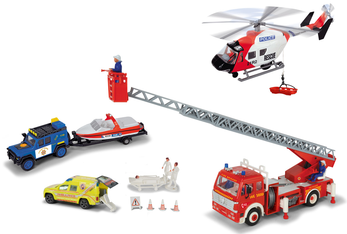 Dickie Toys Игровой набор Спасательная служба3314558 Dickie Toys Игровой набор Спасательная служба3314558Игровой набор Спасательная служба поможет вашему ребенку почувствовать себя настоящим спасателем, участвующим в спецоперациях. Набор состоит из вертолета, пожарной машины с краном, лодки на прицепе и двух машинок. Дополняют набор 4 фигурки, носилки, люлька для перевозки вертолетом и дорожные знаки. Вся техника выполнена из прочного яркого пластика и оснащена опознавательными знаками и надписями с названием своей службы. Пропеллер у вертолета крутится, стрела у пожарной машины выдвигается вперед на 1 метр. У желтой машинки открывается задняя дверь, внутрь можно поместить носилки с больным человеком. Техника выполнена в масштабе 1:43. Ваш ребенок с удовольствием будет играть с набором, придумывая различные истории. Порадуйте его таким замечательным подарком!