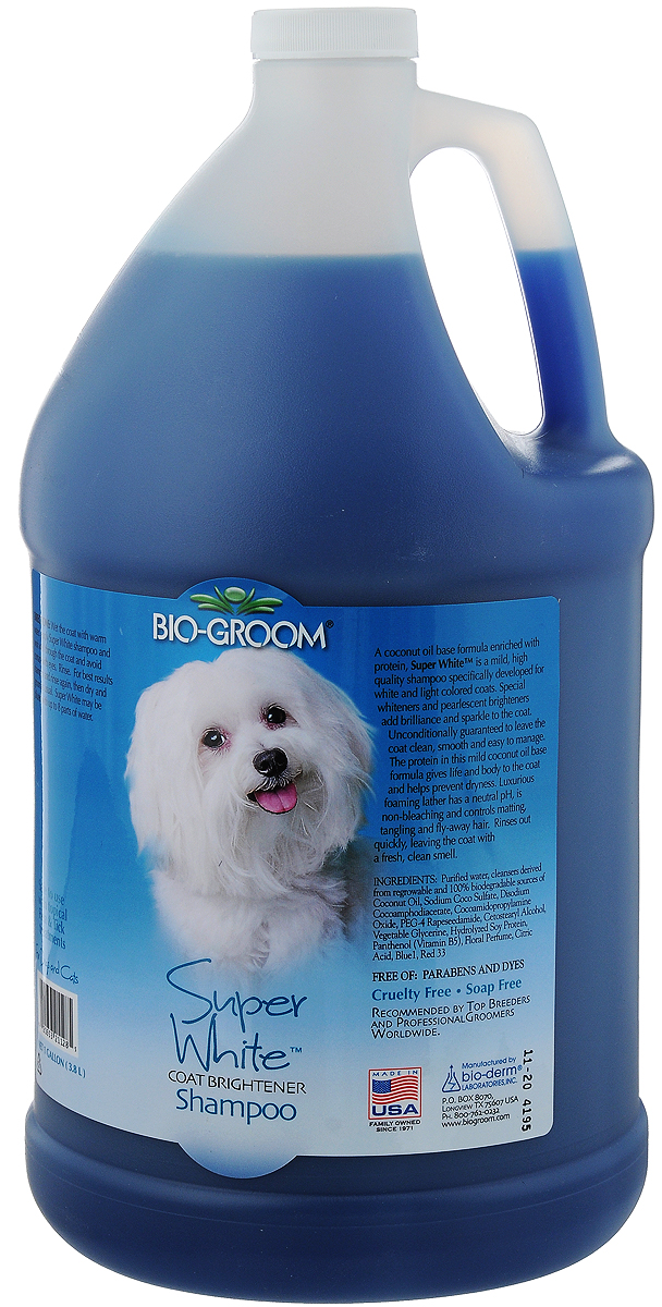 Шампунь Bio-Groom Super White, для собак и кошек, супербелый, 3,8 л21128 Шампунь Bio-Groom Super White, для собак и кошек, супербелый, 3,8 л21128Оттеночный белый шампунь Bio-Groom Super White, предназначенный для собак и кошек, мягко осветляет шерсть животного, одновременно бережно очищая её от загрязнения. Протеин, содержащийся в составе шампуня, увлажняет кожу и шерсть животного, предотвращая её от спутывания. Шампунь легко смывается, восстанавливая естественный здоровый блеск волос вашего питомца. Концентрирован 1:4. Инструкция по применению: Намочите шерсть. Нанесите шампунь, взбейте обильную пену. Используйте концентрированный шампунь или в разведенном виде, в зависимости от состояния шерсти. Сполосните, затем высушите и продолжите подготовку как обычно. Объём 3,8 л.
