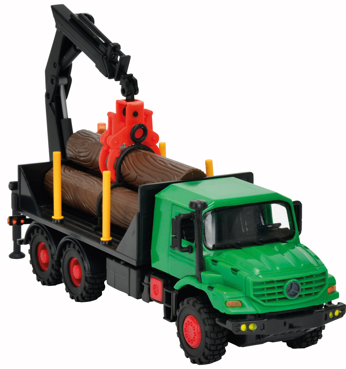 Dickie Toys Грузовик с манипулятором Mercedes-Benz Zetros3824007 Dickie Toys Грузовик с манипулятором Mercedes-Benz Zetros3824007Грузовик с манипулятором Dickie Toys Mercedes-Benz Zetros непременно понравится вашему ребенку. Игрушка выполнена из прочного пластика в виде уменьшенной копии мощного грузовика с механическим манипулятором Mercedes-Benz Zetros в масштабе 1:43. Дверцы кабины и капот открываются, манипулятор сгибается и поворачивается, клешни манипулятора раздвигаются. Прорезиненные колеса обеспечивают отличное сцепление с любой поверхностью пола. Машинка оснащена инерционным механизмом: достаточно немного подтолкнуть машинку вперед или назад, а затем отпустить, и она сама поедет в этом же направлении. В комплекте с машинкой идут три пластиковых бревна, которые можно использовать для погрузки и разгрузки. С этой игрушкой ваш малыш будет часами занят игрой. Порадуйте его таким замечательным подарком!