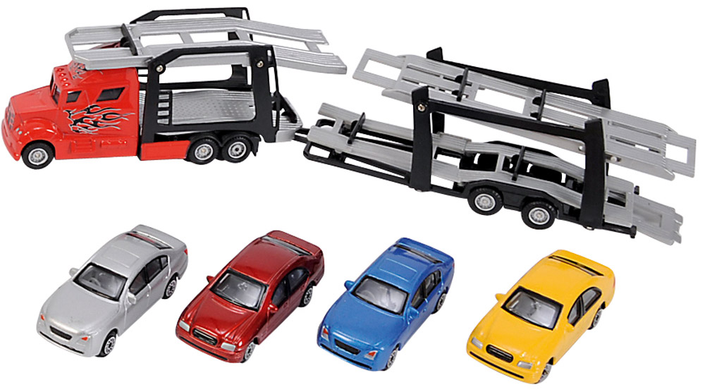 Dickie Toys Набор машинок Car Trailer 5 шт3745000 Dickie Toys Набор машинок Car Trailer 5 шт3745000Набор машинок Dickie Toys Car Trailer понравится любому мальчику. В набор входит автовоз и 4 машинки. Кабина автовоза и кузова машинок выполнены из металла с пластиковыми элементами. Прорезиненные колеса со свободным ходом обеспечивают плавность движения. Прицеп отсоединяется. Верхняя платформа прицепа может наклоняться вниз для удобной погрузки машинок. Пандусы выдвигаются. С этой игрушкой ваш малыш будет часами занят игрой. Порадуйте его таким замечательным подарком!