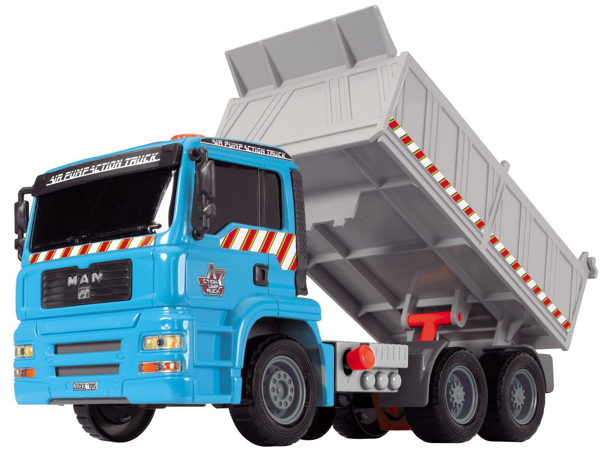 Dickie Toys Самосвал MAN с подъемным механизмом 38050013805001 Dickie Toys Самосвал MAN с подъемным механизмом 38050013805001Самосвал Dickie Toys MAN непременно понравится вашему ребенку. Игрушка выполнена из прочного пластика в виде мощного самосвала. Кузов может откидываться назад благодаря помповому механизму. Для поднятия кузова нужно нажать на кнопку на крыше кабины. Опускается кузов с помощью рычага в основании кузова. Задний борт кузова поднимается. Колеса оснащены свободным ходом. В комплекте с машиной также идет картонный лист с различными знаками и ограждениями. С этой игрушкой ваш малыш будет часами занят игрой. Порадуйте его таким замечательным подарком!
