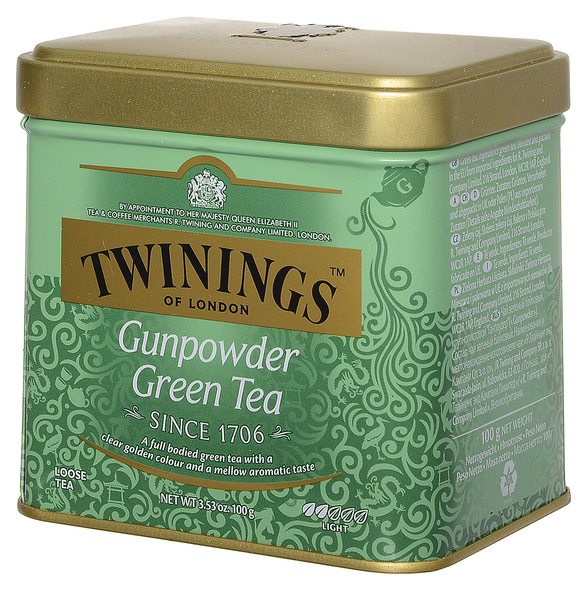 Twinings Gunpowder Green зеленый листовой чай, 100 г (ж/б)070177029784 Twinings Gunpowder Green зеленый листовой чай, 100 г (ж/б)070177029784Twinings Gunpowder Green – крупнолистовой зеленый чай Ганпаудер, скрученный в форме пороха, имеет вид мелкой дроби или картечи. При заваривании получается душистый прозрачный напиток светло-золотистого цвета с мягким бархатистым вкусом.