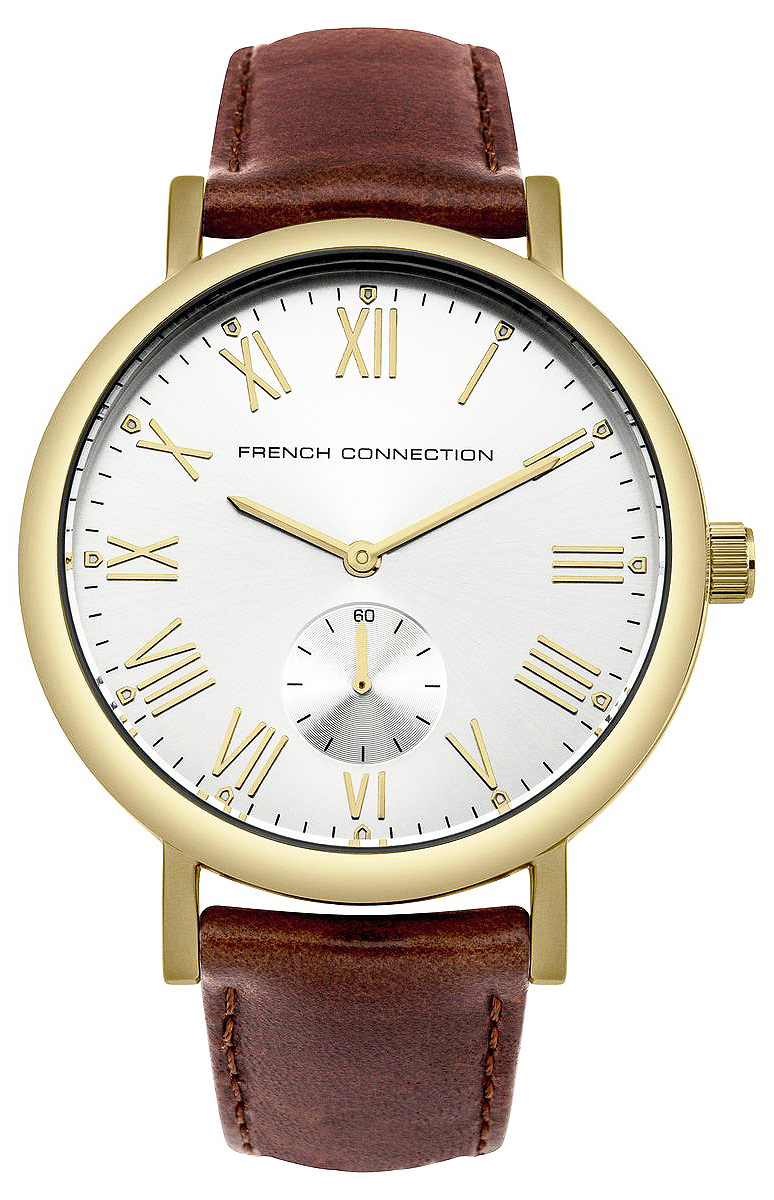 Часы наручные French Connection, цвет: золотистый, коричневый. FC1259TGFC1259TG Часы наручные French Connection, цвет: золотистый, коричневый. FC1259TGFC1259TGСтильные часы French Connection выполнены из нержавеющей стали и минерального стекла. Циферблат оформлен символикой бренда. Корпус изделия имеет степень влагозащиты 3 Bar, оснащен кварцевым механизмом и дополнен устойчивым к царапинам минеральным стеклом. Ремешок выполнен из натуральной кожи и оснащен пряжкой, которая позволит с легкостью снимать и надевать изделие. Часы поставляются в фирменной упаковке. Часы French Connection классического дизайна прекрасно дополнят образ.