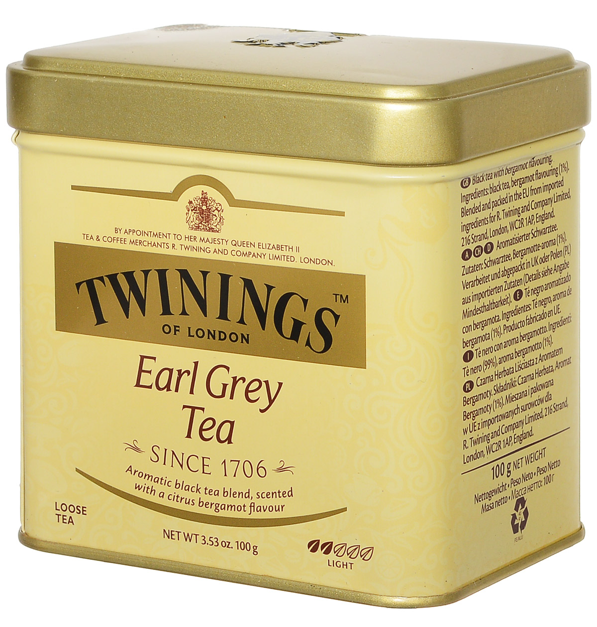 Twinings Earl Grey Tea черный ароматизированный листовой чай, 100 г (ж/б)070177029623 Twinings Earl Grey Tea черный ароматизированный листовой чай, 100 г (ж/б)070177029623Названный в честь британского премьер-министра второго Графа Грея, Twinings Earl Grey Tea является неотъемлемой частью традиционного английского чаепития. Насыщенный черный чай, ароматизированный натуральным маслом из кожуры бергамота, дает яркий настой со сладким ароматом и цитрусовым привкусом.