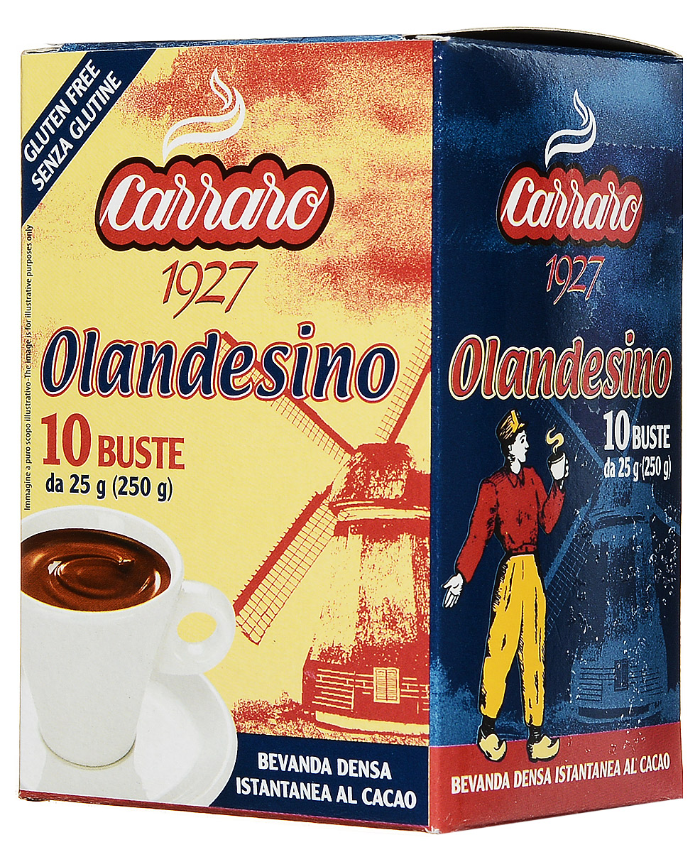 Carraro Olandesino растворимый шоколад, 10 пакетиков по 25 г8000604003232 Carraro Olandesino растворимый шоколад, 10 пакетиков по 25 г8000604003232Быстрорастворимый шоколад Carraro Olandesino – это горячий шоколад, цветочный вкус которого ни с чем не перепутать. Чашка горячего шоколада – прекрасное наслаждение, особенно в холодную пору. Продукт расфасован в индивидуальные пакетики и удобно упакован в коробку.