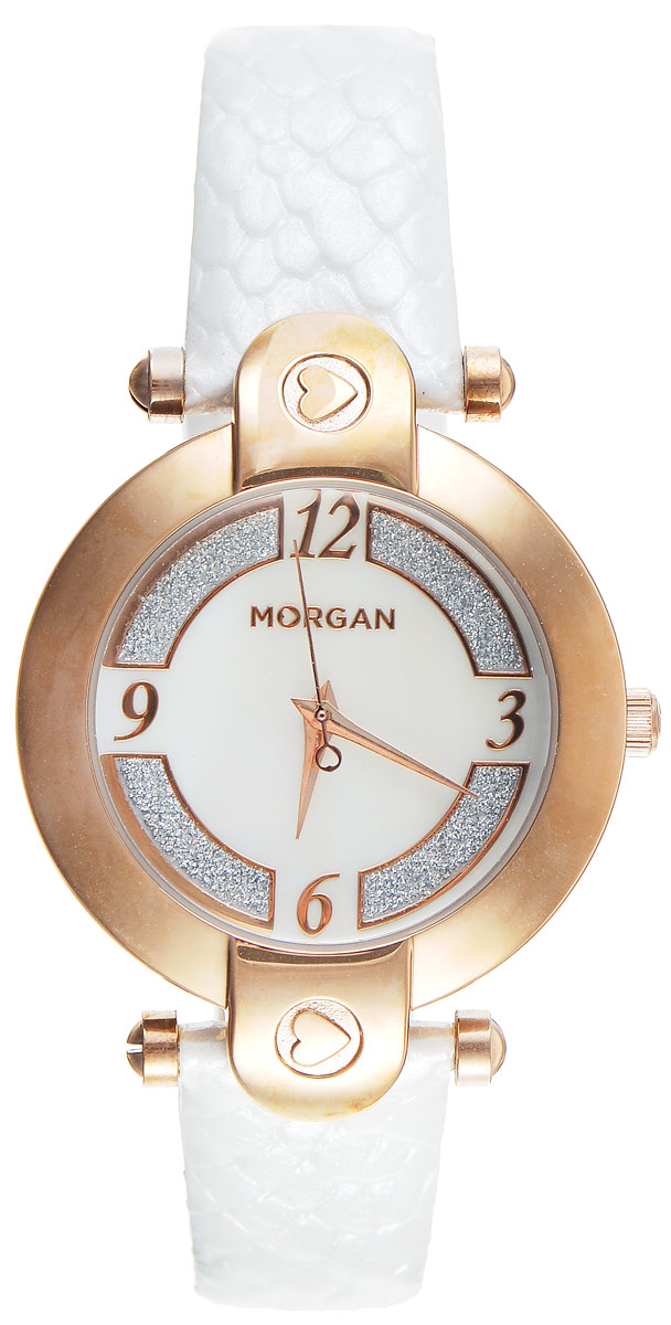 Часы наручные женские Morgan, цвет: золотой, белый. M1134WRGBRM1134WRGBR Часы наручные женские Morgan, цвет: золотой, белый. M1134WRGBRM1134WRGBRЭлегантные часы Morgan выполнены из нержавеющей стали и минерального стекла. Циферблат оформлен блестками и символикой бренда. Корпус изделия имеет степень влагозащиты 3 Bar, оснащен кварцевым механизмом и дополнен устойчивым к царапинам минеральным стеклом. Ремешок современного дизайна выполнен из натуральной кожи с декоративным тиснением под кожу рептилии и оснащен пряжкой, которая позволит с легкостью снимать и надевать изделие. Часы поставляются в фирменной упаковке. Часы Morgan подчеркнут изящество женской руки и отменное чувство стиля у их обладательницы.