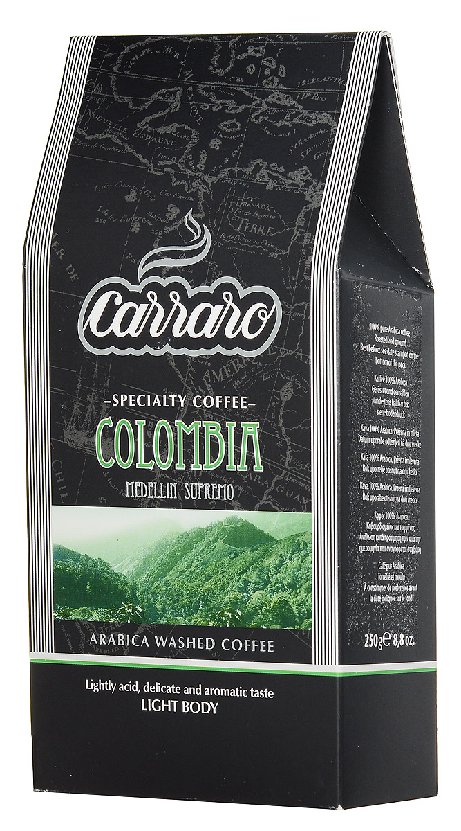 Carraro Colombia Arabica 100% кофе молотый, 250 г8000604900180 Carraro Colombia Arabica 100% кофе молотый, 250 г8000604900180Колумбия является вторым по величине производителем арабики после Бразилии, но в этой стране продукт слаще и обычно определяется как Suave (Мягкий). Тщательно подобранные зерна Супремо, выращенные в районе Медельин, большие по размеру и плосковатые по форме, дают деликатно-сладковатый напиток Carraro Colombia Arabica с мягкой консистенцией и низкой кислотностью. Идеально подходит для употребления в любое время дня.
