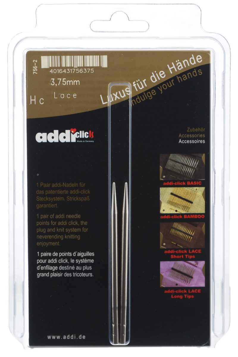 Спицы сменные Addi Click. Lace, из латуни с никелевым покрытием, с удлиненным кончиком, диаметр 3,75 мм, 2 шт756-2/3.75-000 Спицы сменные Addi Click. Lace, из латуни с никелевым покрытием, с удлиненным кончиком, диаметр 3,75 мм, 2 шт756-2/3.75-000Сменные спицы Addi Click. Lace изготовлены из никелированной латуни с удлиненным кончиком. Поверхность гладкая. Известная на весь мир и единственная система смены спиц Click позволяет просто и удобно защелкивать их, не оставляя абсолютно никакого зазора между спицей и леской. Не нужно ввинчивать и использовать ключ. Также система Click позволяет работать с двумя спицами различной толщины. С такими спицами Addi Click. Lace вы сможете вязать для себя и делать подарки друзьям. Рукоделие всегда считалось изысканным, благородным делом. Работа, сделанная своими руками, долго будет радовать вас и ваших близких. Длина спиц: 9 см.