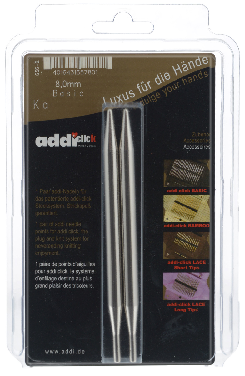 Спицы сменные Addi Click. Basic, из латуни с никелевым покрытием, диаметр 8 мм, 2 шт656-2/8-000 Спицы сменные Addi Click. Basic, из латуни с никелевым покрытием, диаметр 8 мм, 2 шт656-2/8-000Сменные спицы Addi Click. Basic изготовлены из никелированной латуни. Поверхность гладкая. Известная на весь мир и единственная система смены спиц Click позволяет просто и удобно защелкивать их, не оставляя абсолютно никакого зазора между спицей и леской. Не нужно ввинчивать и использовать ключ. Также система Click позволяет работать с двумя спицами различной толщины. С такими спицами Addi Click. Basic вы сможете вязать для себя и делать подарки друзьям. Рукоделие всегда считалось изысканным, благородным делом. Работа, сделанная своими руками, долго будет радовать вас и ваших близких. Длина спиц: 13 см.