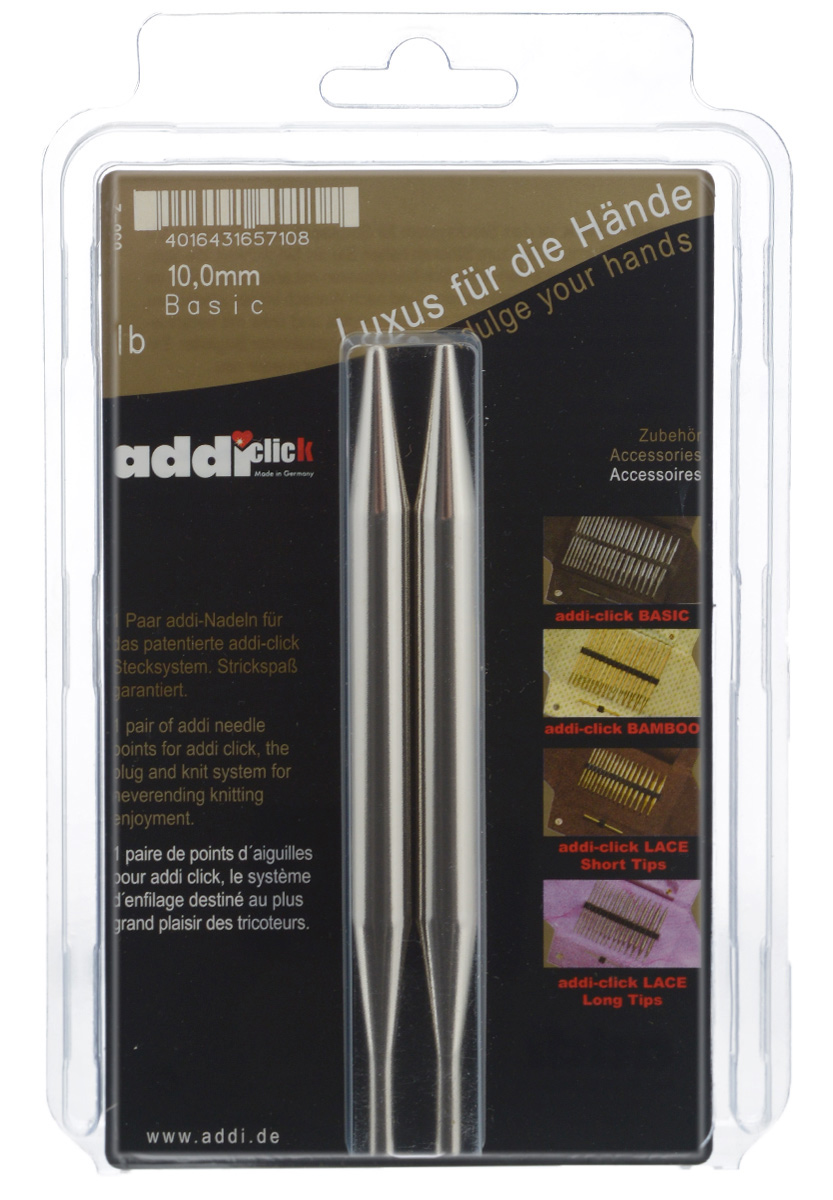 Спицы сменные Addi Click. Basic, из латуни с никелевым покрытием, диаметр 10 мм, 2 шт656-2/10-000 Спицы сменные Addi Click. Basic, из латуни с никелевым покрытием, диаметр 10 мм, 2 шт656-2/10-000Сменные спицы Addi Click. Basic изготовлены из никелированной латуни. Известная на весь мир и единственная система смены спиц Click позволяет просто и удобно защелкивать их, не оставляя абсолютно никакого зазора между спицей и леской. Не нужно ввинчивать и использовать ключ. Также система Click позволяет работать с двумя спицами различной толщины. С такими спицами Addi Click вы сможете вязать для себя и делать подарки друзьям. Рукоделие всегда считалось изысканным, благородным делом. Работа, сделанная своими руками, долго будет радовать вас и ваших близких. Длина спиц: 12,8 см.