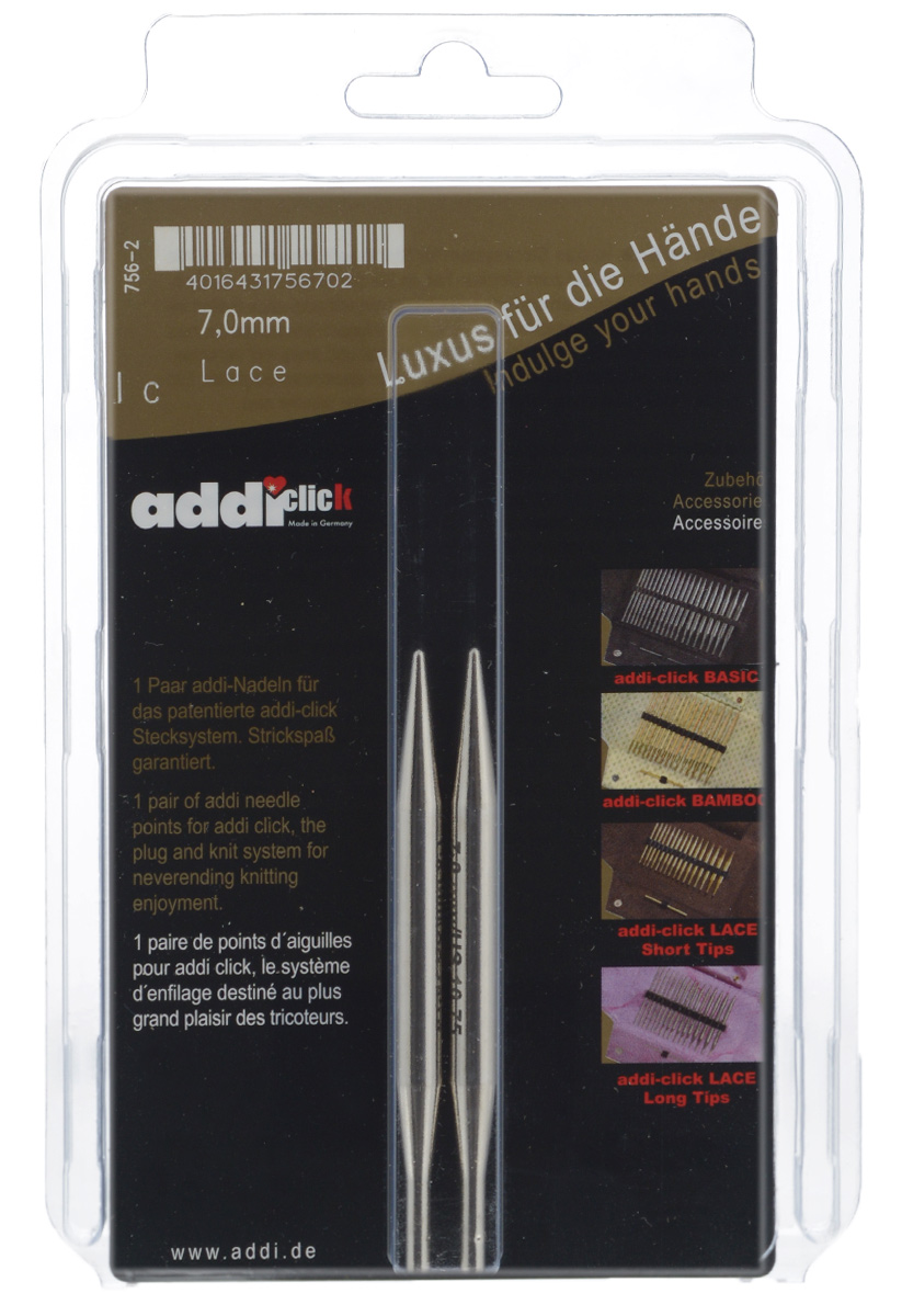 Спицы сменные Addi Click. Lace, с удлиненным кончиком, диаметр 7 мм, 2 шт756-2/7-000 Спицы сменные Addi Click. Lace, с удлиненным кончиком, диаметр 7 мм, 2 шт756-2/7-000Сменные спицы Addi изготовлены из никелированной латуни с удлиненным кончиком. Поверхность гладкая. Известная на весь мир и единственная система смены спиц Click позволяет просто и удобно защелкивать их, не оставляя абсолютно никакого зазора между спицей и леской. Не нужно ввинчивать и использовать ключ. Также система Click позволяет работать с двумя спицами различной толщины. С такими спицами Addi вы сможете вязать для себя и делать подарки друзьям. Рукоделие всегда считалось изысканным, благородным делом. Работа, сделанная своими руками, долго будет радовать вас и ваших близких. Длина одной спицы: 9 см.