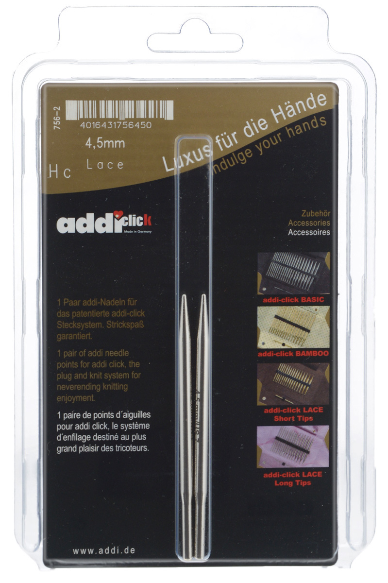 Спицы сменные Addi Click. Lace, из латуни с никелевым покрытием, с удлиненным кончиком, диаметр 4,5 мм, 2 шт756-2/4.5-000 Спицы сменные Addi Click. Lace, из латуни с никелевым покрытием, с удлиненным кончиком, диаметр 4,5 мм, 2 шт756-2/4.5-000Сменные спицы Addi Click. Lace изготовлены из никелированной латуни с удлиненным кончиком. Поверхность гладкая. Известная на весь мир и единственная система смены спиц Click позволяет просто и удобно защелкивать их, не оставляя абсолютно никакого зазора между спицей и леской. Не нужно ввинчивать и использовать ключ. Также система Click позволяет работать с двумя спицами различной толщины. С такими спицами Addi Click. Lace вы сможете вязать для себя и делать подарки друзьям. Рукоделие всегда считалось изысканным, благородным делом. Работа, сделанная своими руками, долго будет радовать вас и ваших близких. Длина спиц: 9 см.