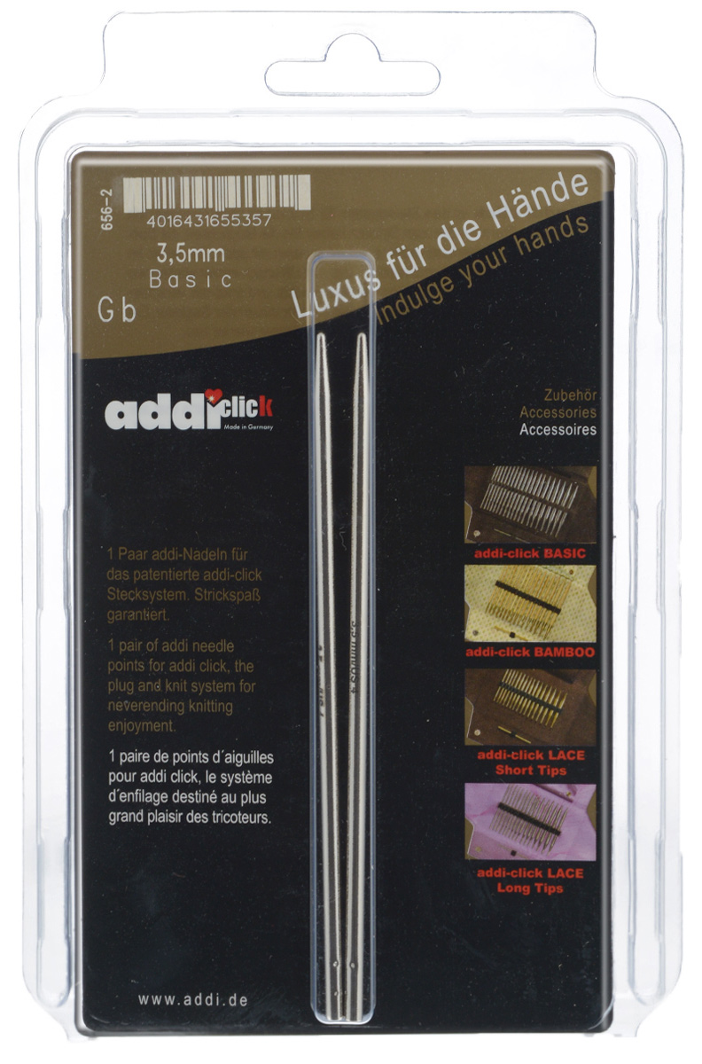 Спицы сменные Addi Click. Basic, из латуни с никелевым покрытием, диаметр 3,5 мм, 2 шт656-2/3.5-000 Спицы сменные Addi Click. Basic, из латуни с никелевым покрытием, диаметр 3,5 мм, 2 шт656-2/3.5-000Сменные спицы Addi Click. Basic изготовлены из никелированной латуни. Поверхность гладкая. Известная на весь мир и единственная система смены спиц Click позволяет просто и удобно защелкивать их, не оставляя абсолютно никакого зазора между спицей и леской. Не нужно ввинчивать и использовать ключ. Также система Click позволяет работать с двумя спицами различной толщины. С такими спицами Addi Click. Basic вы сможете вязать для себя и делать подарки друзьям. Рукоделие всегда считалось изысканным, благородным делом. Работа, сделанная своими руками, долго будет радовать вас и ваших близких. Длина спиц: 13 см.