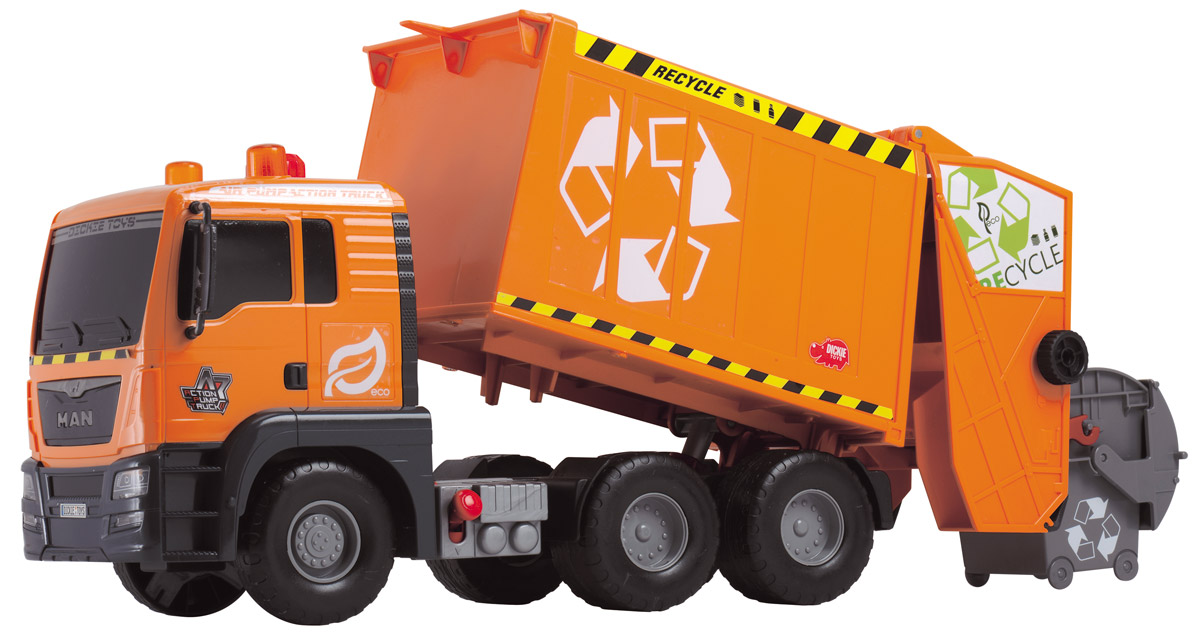 Dickie Toys Мусоровоз MAN с подъемным механизмом3809000 Dickie Toys Мусоровоз MAN с подъемным механизмом3809000Мусоровоз Dickie Toys MAN с подъемным механизмом кузова непременно понравится вашему ребенку. Игрушка выполнена из прочного пластика в виде мощного мусоровоза. Контейнер мусоровоза может подниматься и опускаться с помощью помпового насоса. Для подъема контейнера используется кнопка на крыше кабины. Для опускания контейнера служит рычажок, расположенный в основании кузова. К машине также прилагается мусорный контейнер, который прочно фиксируется к подъемнику и может опрокидываться в контейнер с помощью колесика. С этой игрушкой ваш малыш будет часами занят игрой. Порадуйте его таким замечательным подарком!