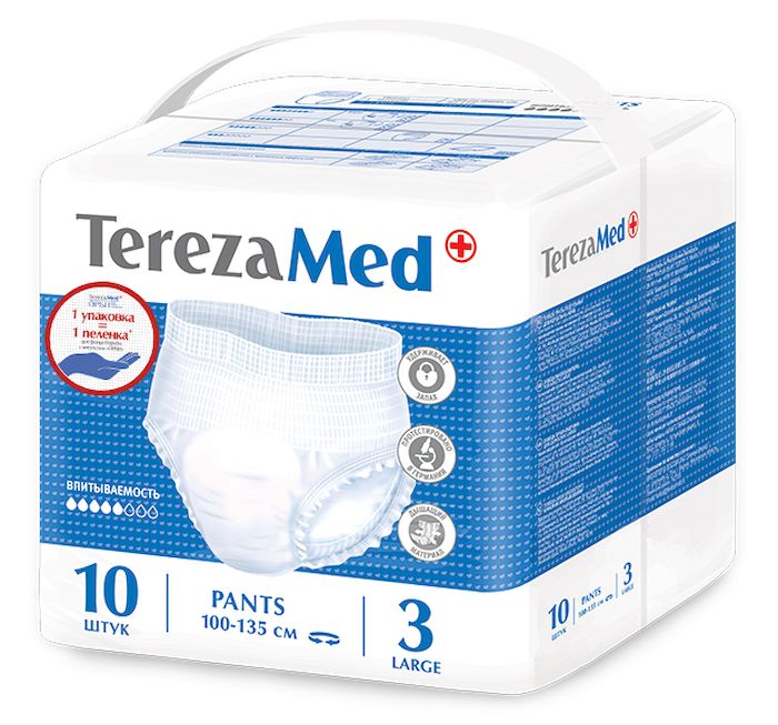 TerezaMed Подгузники-трусы для взрослых Large №3 10 шт18209 TerezaMed Подгузники-трусы для взрослых Large №3 10 шт18209Подгузники-трусики TerezaMed Large предназначены для активных людей с легкой и средней формой недержания. Они выполнены из мягкого дышашего материала, который пропускает пары влаги. Это позволяет коже пациента под подгузником дышать, а так же снижает риск появления опрелостей. Ядро подгузника состоит из натурального материала - целлюлозы, в которую добавлен суперабсорбент, впитывающий жидкость в больших количествах и обладающий свойством подавлять развитие неприятного запаха. Распределительный слой эффективно впитывает жидкость и распределяет ее внутри подгузника, тем самым снижая риск появления протечек. Боковые бортики вокруг ног сделаны из гидрофобного материала и надежно запирают жидкость внутри. Размер талии пациента: большой, 100-135см. Количество в упаковке: 10 штук. Впитываемость: 1300 мл (±5%).