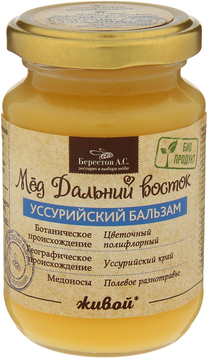 Берестов Мед Уссурийский бальзам, 240 го0000007302 Берестов Мед Уссурийский бальзам, 240 го0000007302Мед Уссурийский бальзам впитал в себя контрасты холодного Тихого океана и теплой широты субтропиков. Сама природа позаботилась о сохранении наиболее сильных качеств медоносов уссурийского заповедника. Вкус и аромат: вкусовое многообразие уссурийского разнотравья сочетается с тончайшими оттенками фруктов с освежающим мятным послевкусием. Лечебные свойства: народная медицина рекомендует этот светлый и ароматный мед как общеукрепляющее. Невероятно полезен этот мед-бальзам как успокоительное и противовоспалительное средство. Упаковка меда ведется холодным методом, сохраняющим 100% биологических свойств продукта.