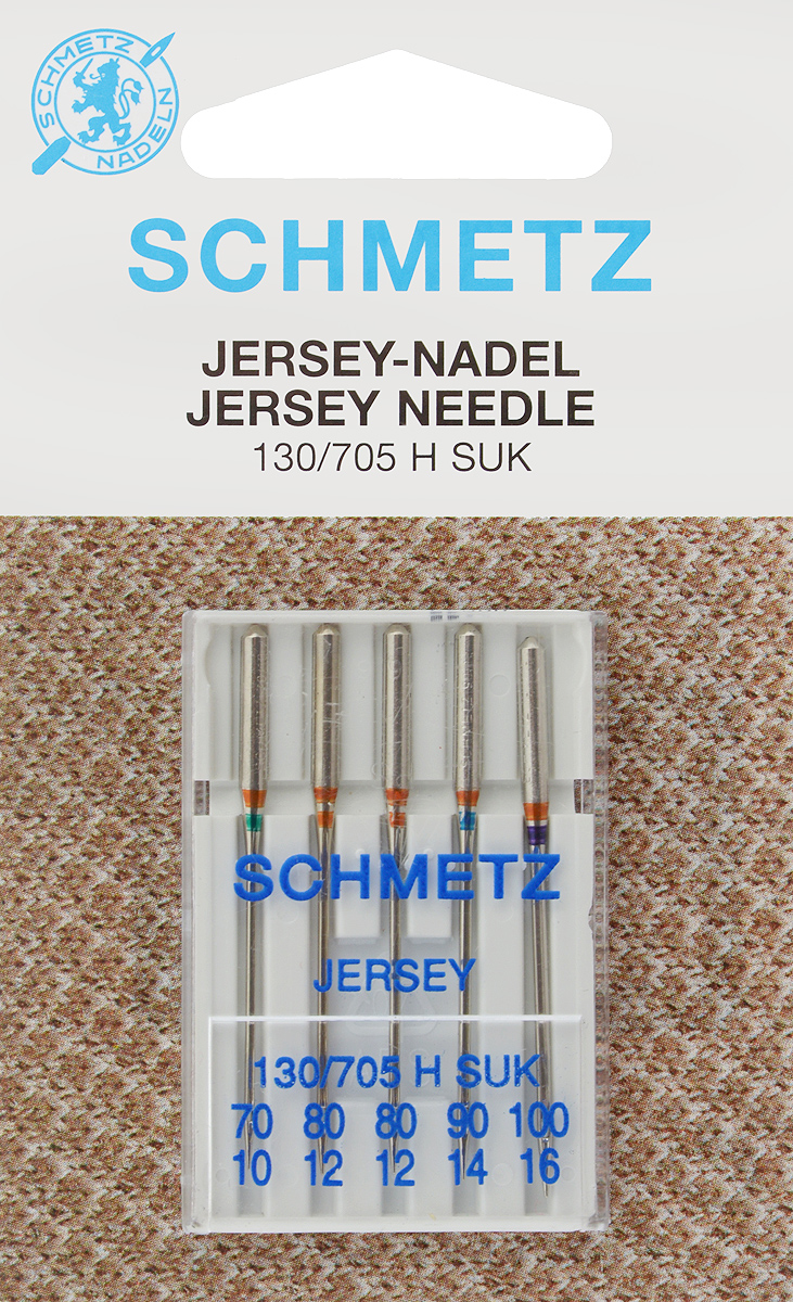 Иглы для бытовых швейных машин Schmetz, для джерси, №70, 80, 90, 100, 5 шт22:15.FB2.VLS Иглы для бытовых швейных машин Schmetz, для джерси, №70, 80, 90, 100, 5 шт22:15.FB2.VLSСпециальные иглы Schmetz, выполненные из никеля, подходят для бытовых швейных машин всех марок. В набор входят иглы с округлым острием, которые идеально подходят для толстого трикотажа, джерси и вязаных материалов. Каждая игла имеет цветовой код. В комплекте пластиковый футляр для переноски и хранения. Система игл: 130/705 H SUK. Номера игл: 70/10, 80/12 (2 шт.), 90/14, 100/16.