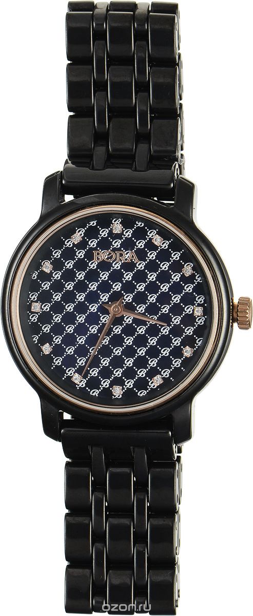 Часы наручные женские Bora, цвет: черный. T-B-8640T-B-8640-WATCH-BLACK Часы наручные женские Bora, цвет: черный. T-B-8640T-B-8640-WATCH-BLACKЭлегантные женские часы Bora выполнены из керамики и минерального стекла. Перламутровый циферблат дополнен символикой бренда, оформлен контрастным орнаментом и инкрустирован стразами. Корпус часов оснащен кварцевым механизмом со сменным элементом питания, а также дополнен браслетом, который застегивается на застежку-бабочку. Часы поставляются в фирменной упаковке. Часы Bora подчеркнут изящность женской руки и отменное чувство стиля у их обладательницы.