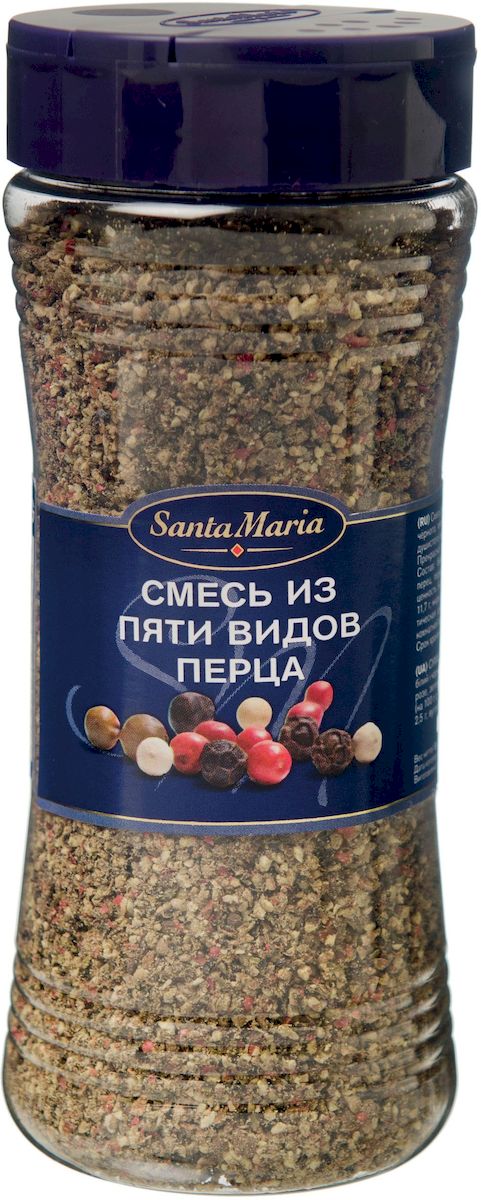 Santa Maria Смесь из пяти видов перца, 190 г17155 Santa Maria Смесь из пяти видов перца, 190 г17155Смесь из пяти видов перца объединяет в себе остроту черного, мягкость белого, изысканность розового, аромат зеленого и душистого перцев. Подходит к большинству блюд. В измельченном виде используется для приготовления мяса, рыбы, курицы, салатов и вегетарианских блюд.