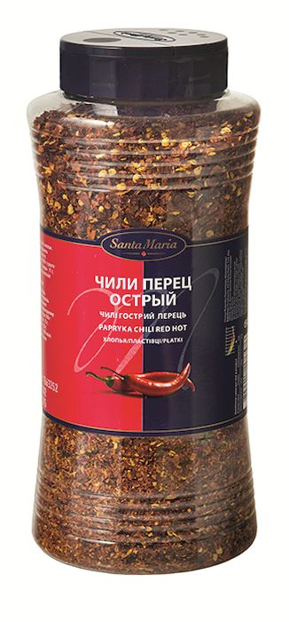 Santa Maria Чили перец острый хлопьями, 410 г17657 Santa Maria Чили перец острый хлопьями, 410 г17657Острый перец чили хлопьями Santa Maria подходит к пасте, пряным бифштексам и рыбе, соусам, овощным блюдам, фруктам и ягодам, для жареного мяса и гриля, для блюд из фарша и дичи. Уровень жгучести: 4 (по шкале жгучести от 1 до 10).
