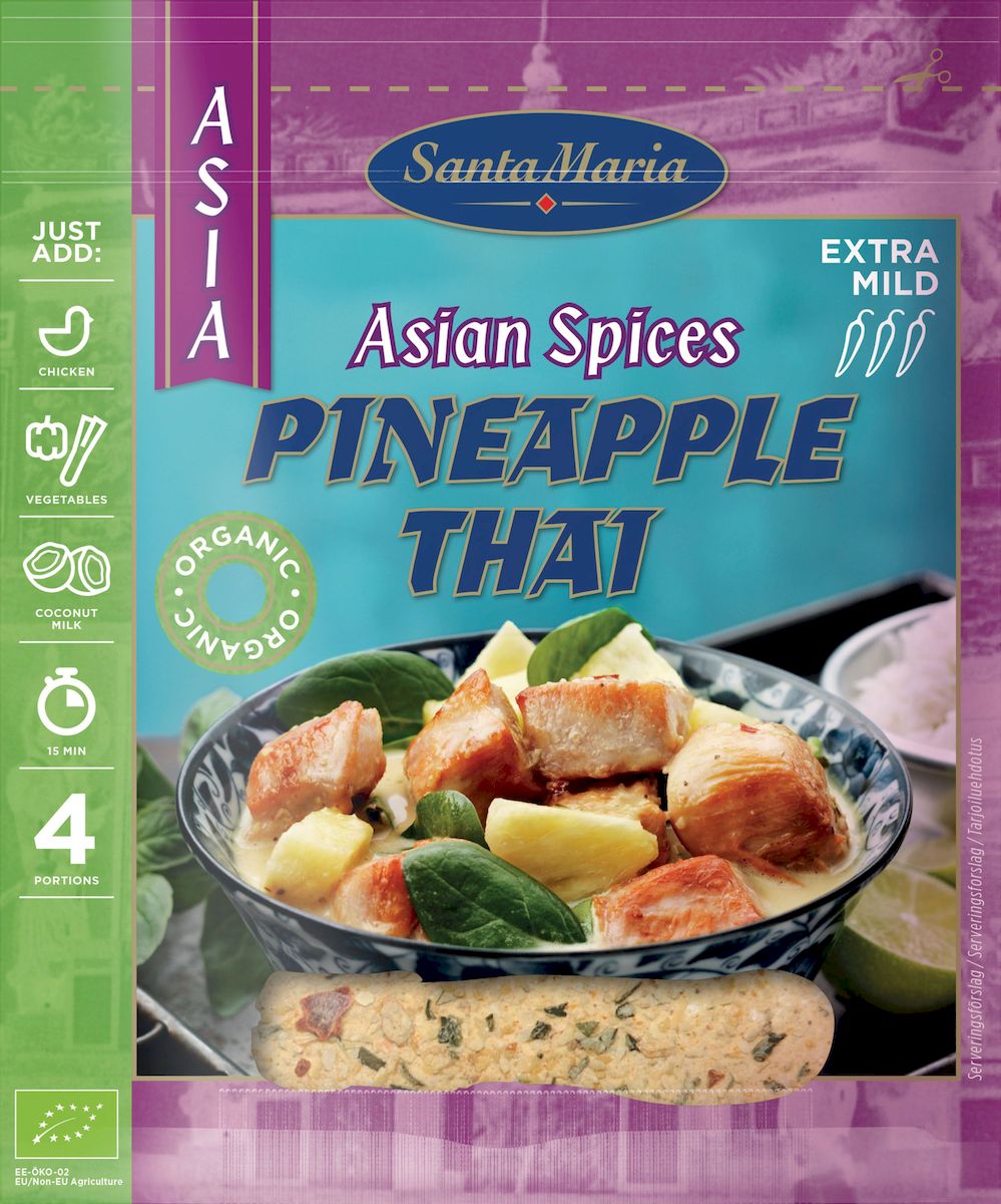 Santa Maria Тайская смесь специй со вкусом ананаса Органик, 30 г17934 Santa Maria Тайская смесь специй со вкусом ананаса Органик, 30 г17934Тайская смесь специй Santa Maria Органик для приготовления горячих блюд из мяса птицы или рыбы, со вкусом ананаса.