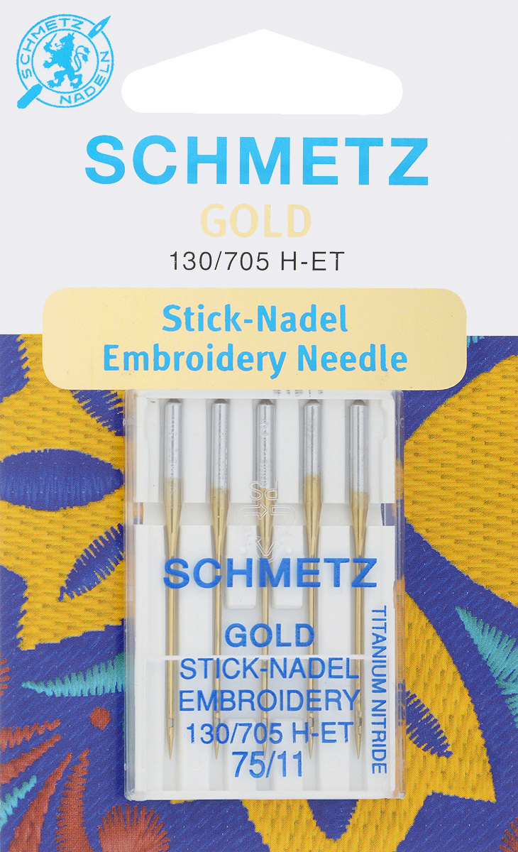 Игла для машинной вышивки Schmetz Gold, №75, 5 шт22:70.EB9.VMS Игла для машинной вышивки Schmetz Gold, №75, 5 шт22:70.EB9.VMSСпециальная игла Schmetz Gold, выполненная из нитрида титана, подходит для бытовых вышивальных машин всех марок. Игла предназначена для выполнения машинной вышивки. В комплекте пластиковый футляр для переноски и хранения. Система иглы: 130/705 H-ET. Номер иглы: 75/11.