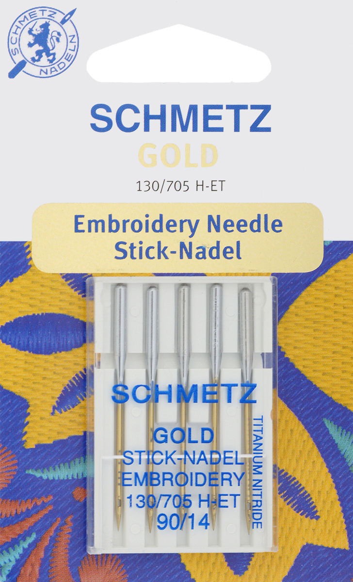 Игла для машинной вышивки Schmetz Gold, №90, 5 шт22:70.EB9.VDS Игла для машинной вышивки Schmetz Gold, №90, 5 шт22:70.EB9.VDSСпециальная игла Schmetz Gold, выполненная из нитрида титана, подходит для бытовых вышивальных машин всех марок. Игла предназначена для выполнения машинной вышивки. В комплекте пластиковый футляр для переноски и хранения. Система иглы: 130/705 H-ET. Номер иглы: 90/14.