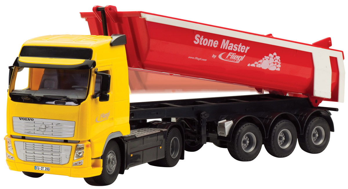 Dickie Toys Тягач с прицепом Volvo Stone Master3414330 Dickie Toys Тягач с прицепом Volvo Stone Master3414330Тягач с прицепом Dickie Toys Volvo Stone Master непременно понравится вашему ребенку. Игрушка выполнена из прочного пластика в виде мощного тягача с длинным шестиколесным прицепом. Кузов прицепа поднимается, задний борт прицепа откидывается, дверцы кабины открываются, кабина откидывается. Прицеп может отсоединяться от тягача. Прорезиненные колеса тягача поворачиваются. Игрушка оснащена инерционным механизмом - достаточно немного подтолкнуть машинку вперед или назад, и она поедет в ту же сторону. С этой игрушкой ваш малыш будет часами занят игрой. Порадуйте его таким замечательным подарком!