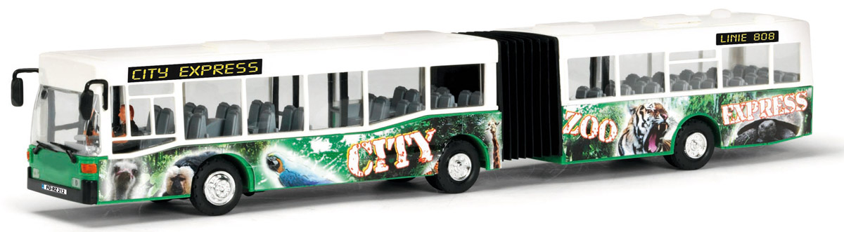 Dickie Toys Автобус-экспресс цвет белый зеленый3827000 Dickie Toys Автобус-экспресс цвет белый зеленый3827000Автобус-экспресс Dickie Toys привлечет внимание вашего ребенка и не позволит ему скучать. Игрушка является уменьшенной копией настоящего автобуса с гибкой гармошкой. Автобус оснащен открывающимися с помощью колесиков дверьми, сменным табло с названием остановок и прорезиненными колесами. Внутри салона расположены ряды пассажирских кресел. Остается только подобрать фигурки, подходящие по размеру, и можно отправляться в увлекательное путешествие! Машинка оснащена инерционным механизмом: достаточно немного подтолкнуть игрушку вперед или назад, а затем отпустить, и она сама поедет в этом же направлении. Ваш ребенок будет часами играть с автобусом, воспроизводя различные истории из городской жизни. Порадуйте его таким замечательным подарком!
