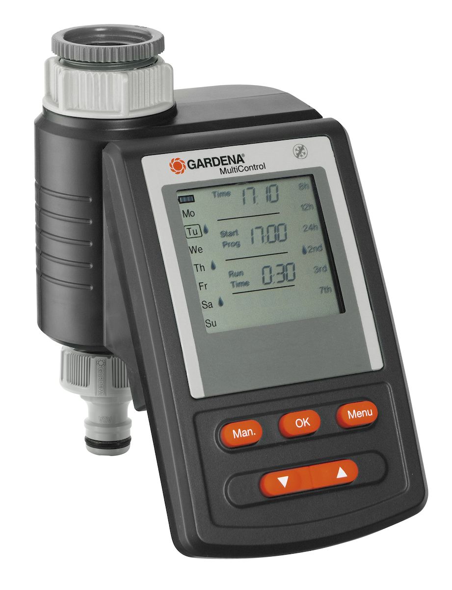 Таймер подачи воды Gardena MultiControl01862-28.000.00 Таймер подачи воды Gardena MultiControl01862-28.000.00Большой, отсоединяющийся дисплей для удобного программирования. Можно подсоединить датчик дождя и влажности почвы одновременно к одному таймеру при помощи специального разветвителя (арт. 01189-00.630.00). Длительность полива - 1 мин. - 7ч.59мин., Частота полива - в любые дни недели, либо каждый 2-й, 3-й или 7-й день. Выбор дней недели - да. Частота подлива в день - один, два или три раза. Электропитание - 1 щелочная батарейка типа крона 9В (в комплект не входит). Индикатор разряда - есть. Соединительная резьба для водопроводного крана - 26,5 мм (G 3/4), 33,3 мм (G 1). Рабочее давление - 0.5 - 12 бар. ЖК - дисплей - да. Съемная панель управления - да.