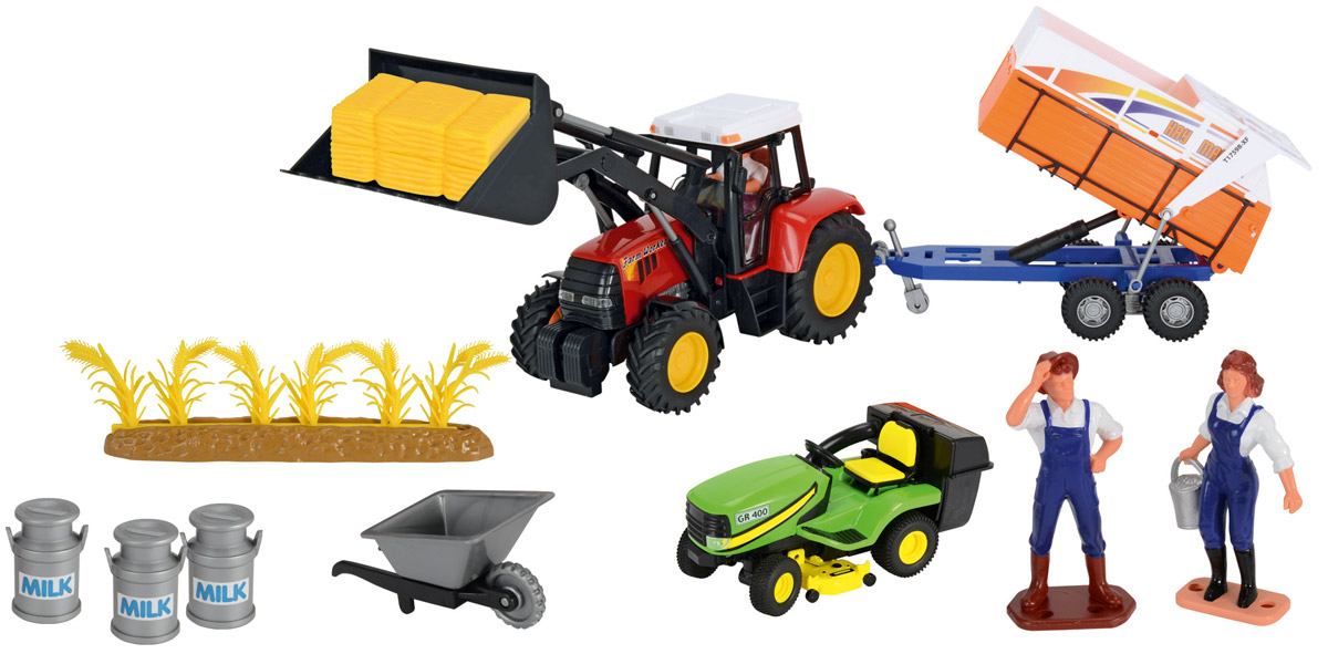 Dickie Toys Игровой набор Ферма 33145593314559 Dickie Toys Игровой набор Ферма 33145593314559Игровой набор Dickie Toys Ферма понравится любому ребенку, который любит играть и создавать фермерские городки. Ведь благодаря данному набору можно придумать разнообразные сюжетно-ролевые игры с сельскохозяйственным транспортом - трактором с прицепами, передним ковшом и газонокосилкой. Уникальность данного транспорта заключается в том, что он является точной копией настоящего трактора. Масштаб игрушки - 1/24. Кроме транспорта и прицепов в набор входят аксессуары: стопы сена, фигурки людей, тачка, посевы пшеницы, бидоны для молока и многое другое. Ваш малыш сможет часами играть с этим набором, фантазируя и придумывая различные истории. Набор предоставит ему широкий простор для фантазии и игр.