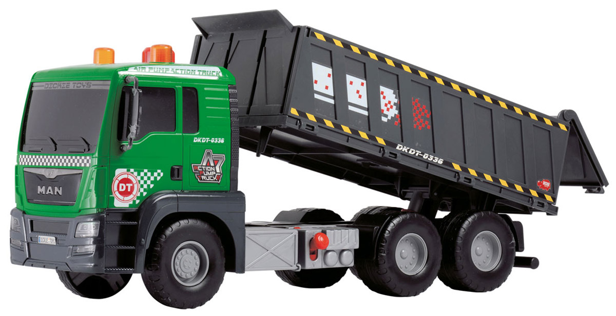Dickie Toys Самосвал MAN с подъемным механизмом 38090033809003 Dickie Toys Самосвал MAN с подъемным механизмом 38090033809003Самосвал Dickie Toys MAN непременно понравится вашему ребенку. Игрушка выполнена из прочного пластика в виде мощного самосвала. Кузов самосвала может откидываться назад благодаря помповому механизму. Для поднятия кузова нужно нажать на кнопку на крыше кабины. Опускается кузов с помощью рычага в основании кузова. Боковые борта откидываются, задний борт поднимается. При необходимости его можно снять. Топливный бак открывается. В комплекте с машиной также идет картонный лист с различными знаками и ограждениями. С этой игрушкой ваш малыш будет часами занят игрой. Порадуйте его таким замечательным подарком!