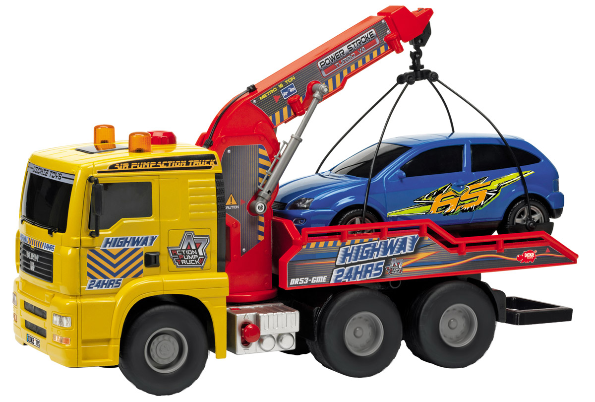 Dickie Toys Эвакуатор с машиной3809001 Dickie Toys Эвакуатор с машиной3809001Эвакуатор Dickie Toys с выдвижной платформой и краном прекрасно подойдет для тематических игр со спецтехникой. С интересной машиной ваш ребенок будет не только играть, но и развиваться. Сюжетно-ролевые игры полезны для деток, с ними малыш полноценно развивается и познает новые вещи через игровой процесс. Если ваша машинка сломалась, не беда, эвакуатор поможет вам всегда! Особенности: Машина реалистично выполнена и имеет выдвижной поворачивающийся кран с крюком. Стрела крана поднимается с помощью помпового механизма: зацепите крюком закрепленную в подвешивающем устройстве машинку и нажмите на кнопку, которая находится на кабине эвакуатора. Стрела крана начнет подниматься вверх. Чтобы опустить стрелу крана, нужно нажать на рычаг, находящийся снизу за кабиной. Платформа эвакуатора может опускаться для удобства погрузки. В комплекте с эвакуатором идет легковой автомобиль, который можно эвакуировать. С этой игрушкой ваш малыш будет часами занят игрой. Порадуйте его таким...
