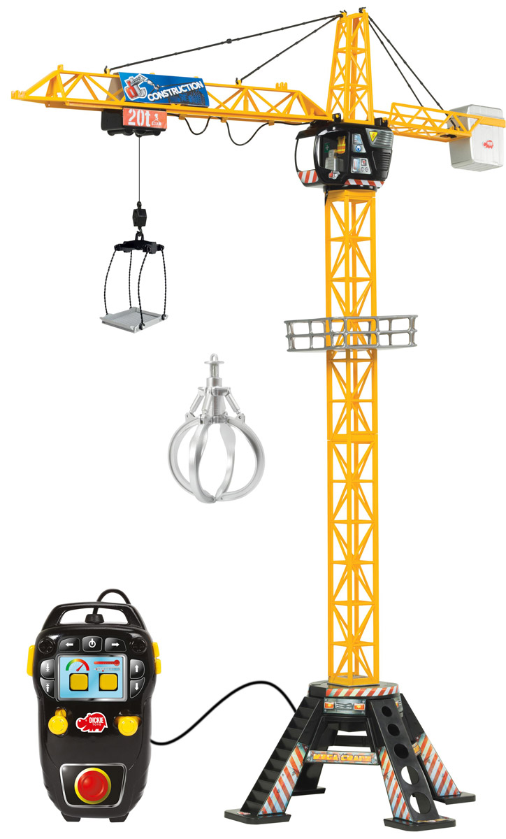 Dickie Toys Башенный кран Mega Crane3462412 Dickie Toys Башенный кран Mega Crane3462412Башенный кран Dickie Toys Mega Crane, имеющий кабельное дистанционное управление - это прекрасный подарок для маленького строителя. Является точной копией настоящего крана. С помощью крана малыш сможет поднимать и перемещать груз. Левый рычаг на пульте управления поможет переместить грузовую тележку по стрелке подъемного крана. А правый рычаг необходим при регулировке поворота стрелы. Максимально возможный угол поворота - это 360°. Кнопки на пульте нужны для регулировки высоты поднимаемого груза. В основании крана имеется широкая платформа для обеспечения устойчивости игрушки. Также в комплекте вместительная корзина для груза, которая цепляется за крючок. С краном Dickie Toys Mega Crane ребенок сможет развернуть настоящую строительную площадку. Играя в сюжетно-ролевые игры, ребенок развивает фантазию, пространственное мышление и адаптируется через игру к окружающему миру. При управлении пультом будет развиваться моторика пальчиков. Высота крана 120 см. Для...