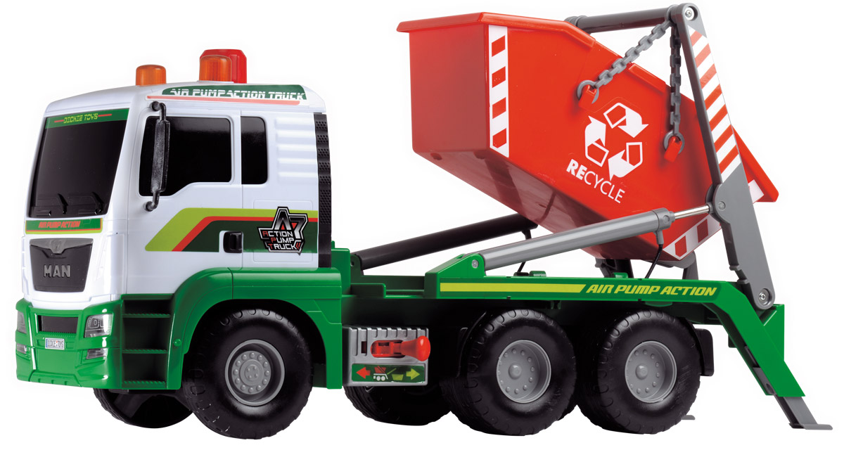 Dickie Toys Мусоровоз MAN с большим контейнером3809002 Dickie Toys Мусоровоз MAN с большим контейнером3809002Мусоровоз Dickie Toys MAN с большим контейнером непременно понравится вашему ребенку. Игрушка выполнена из прочного пластика в виде мощного мусоровоза. Контейнер мусоровоза может подниматься и опускаться с помощью помпового насоса. Для подъема контейнера нужно переключить рычажок режимов, расположенный в основании платформы, в правое положение, после чего несколько раз нажать на кнопку на крыше кабины. С каждым нажатием контейнер будет подниматься все выше. Для опускания контейнера рычажок переключается в левое положение, после чего также используется кнопка на крыше кабины. С этой игрушкой ваш малыш будет часами занят игрой. Порадуйте его таким замечательным подарком!