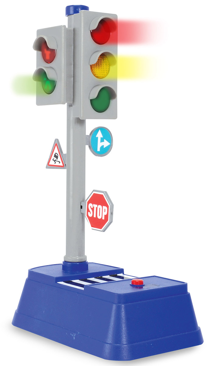 Dickie Toys Игровой набор Светофор City Traffic3741001 Dickie Toys Игровой набор Светофор City Traffic3741001Игровой набор Dickie Toys Светофор City Traffic приятно порадует каждого ребенка. Набор состоит из светофора с тремя встроенными дорожными знаками, и 8 отдельных дорожных знаков. Светофор располагается на подставке, имитирующей часть дороги с зеброй. При нажатии кнопки на подставке у светофора зажигается тот или иной свет одновременно для машин и для пешеходов. Такой набор дополнит и разнообразит игру с любой машинкой или фигуркой. Ваш ребенок с радостью будет играть с этим удивительным набором, придумывая различные захватывающие сюжеты. Порадуйте своего малыша такой интересной игрушкой! Для работы игрушки необходимы 2 батарейки напряжением 1,5V типа АА (товар комплектуется демонстрационными).