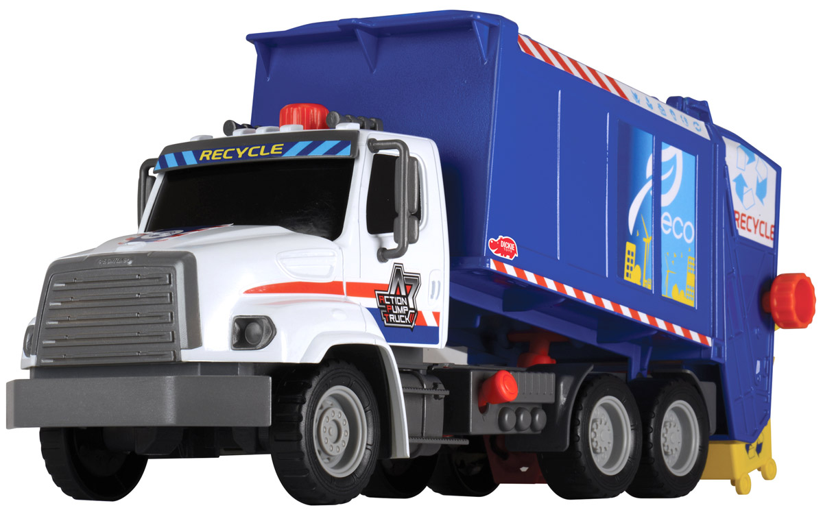 Dickie Toys Мусоровоз Freightliner с подъемным механизмом3806002 Dickie Toys Мусоровоз Freightliner с подъемным механизмом3806002Мусоровоз Dickie Toys Freightliner с подъемным механизмом кузова непременно понравится вашему ребенку. Игрушка выполнена из прочного пластика в виде мощного мусоровоза. Контейнер мусоровоза может подниматься и опускаться с помощью помпового насоса. Для подъема контейнера используется кнопка на крыше кабины. Для опускания контейнера служит рычажок, расположенный в основании кузова. К машине также прилагается мусорный контейнер, который прочно фиксируется к подъемнику и может опрокидываться в контейнер с помощью колесика. С этой игрушкой ваш малыш будет часами занят игрой. Порадуйте его таким замечательным подарком!