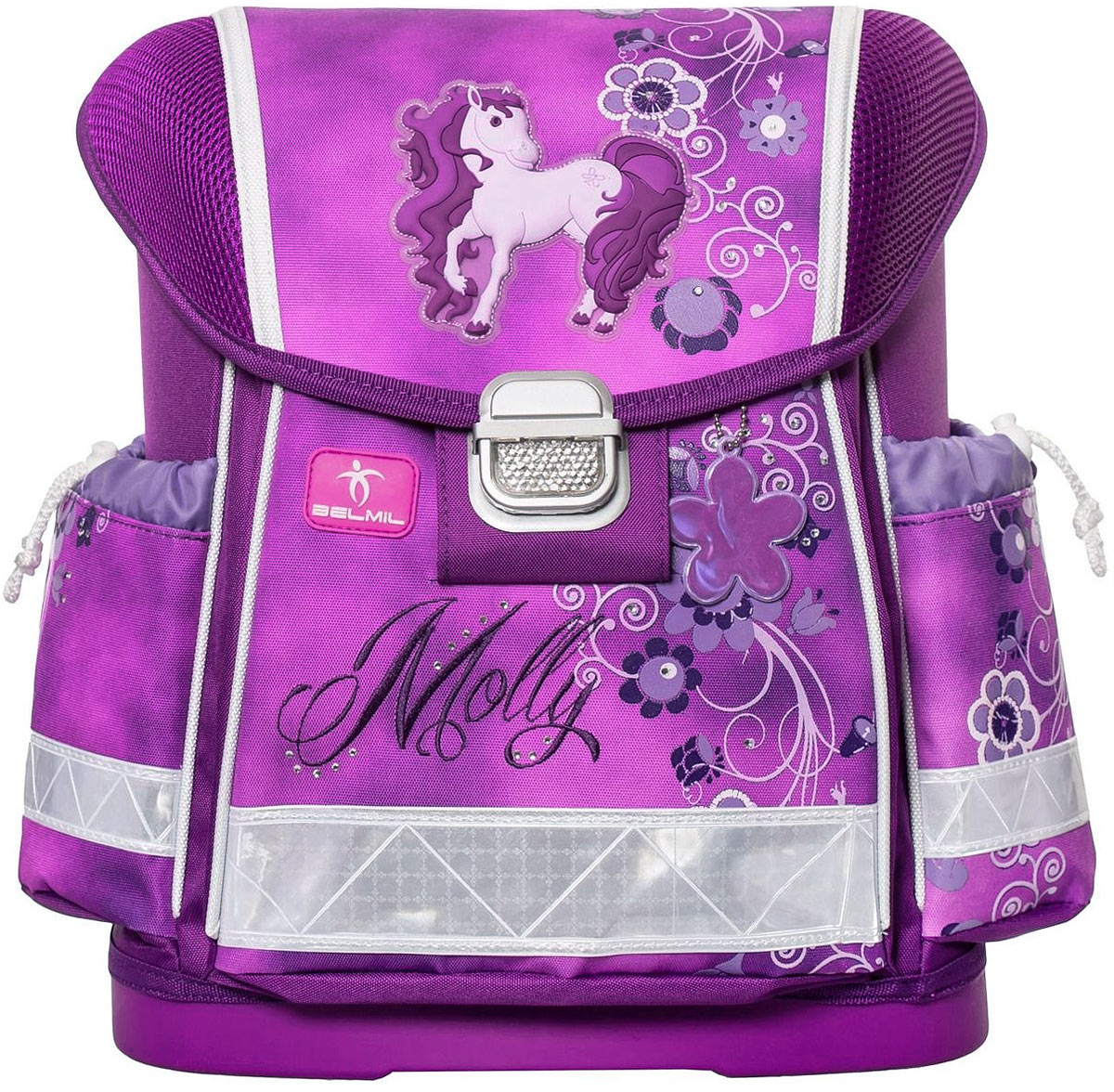 Belmil Ранец школьный Molly403-13/401 Belmil Ранец школьный Molly403-13/401Ранец Belmil Molly изготовлен из современных материалов и дополнен объемной аппликацией. Ранец содержит два отделения, закрывающиеся клапаном с механическим замком-защелкой. Конструкция внутреннего пространства ранца Belmil подчинена принципам оптимального распределения нагрузки: тяжелые учебники следует располагать в ближнем отделении к спине. Под клапаном расположилось прозрачное окошко, предназначенное для расписания уроков, (имеется вкладыш для заполнения). Внутри основного отделения расположены две перегородки для тетрадей и учебников, одна из которых выполнена из пластика. Второе отделение, закрывающееся дополнительно хлястиком на липучке, содержит два открытых накладных кармашка. Лицевая сторона ранца украшена брелоком-светоотражателем. Форма брелока может меняться в зависимости от поставки. По бокам ранца расположены два накладных кармана с затягивающимися шнурками. Анатомическая вентилируемая спинка ранца и широкие мягкие лямки, регулируемые по...