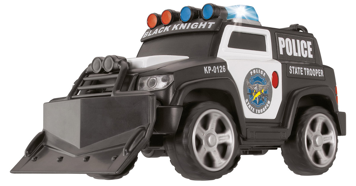 Dickie Toys Полицейский броневик3353575 Dickie Toys Полицейский броневик3353575Полицейский броневик Dickie Toys, выполненный из качественных материалов, представляет собой крутой полицейский броневик, оснащенный плугом и лебедкой. Плуг снимается, лебедка вращается. При нажатии кнопки, расположенной на левой дверце, включается сирена и мигают проблесковые маячки на крыше. Колеса свободно вращаются. Полицейский броневик Dickie Toys разнообразит игровые ситуации, откроет новые сюжеты для маленького автолюбителя и поможет развить мелкую моторику рук, внимание и координацию движений. Не упустите шанс порадовать своего малыша замечательным подарком! Для работы игрушки необходимы 3 батарейки типа LR41 (товар комплектуется демонстрационными).