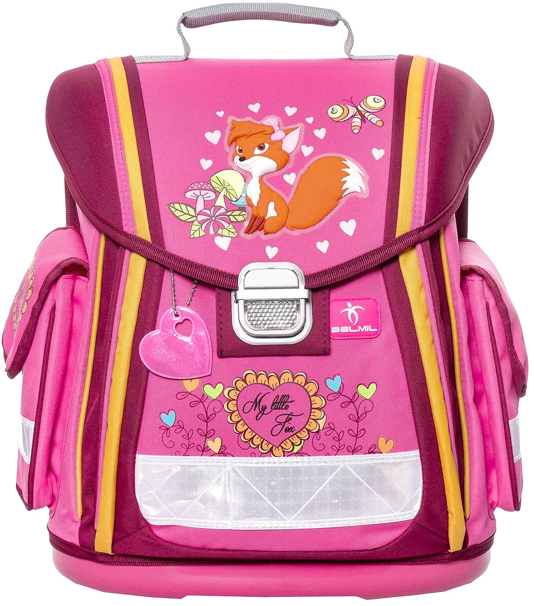 Belmil Ранец школьный Foxy 2404-5/438 Belmil Ранец школьный Foxy 2404-5/438Ранец Belmil Foxy изготовлен из современных материалов и дополнен объемной аппликацией. Ранец содержит три отделения, закрывающиеся клапаном с механическим замком-защелкой. Конструкция внутреннего пространства ранца Belmil подчинена принципам оптимального распределения нагрузки: тяжелые учебники следует располагать в ближнем отделении к спине. Под клапаном расположилось прозрачное окошко, предназначенное для расписания уроков, (имеется вкладыш для заполнения). Внутри основного отделения расположена мягкая перегородка для тетрадей или учебников. Второе и третье отделения закрываются дополнительным хлястиком на липучке. Второе отделение содержит два открытых накладных кармашка. Лицевая сторона ранца украшена брелоком-светоотражателем. Форма брелока может меняться в зависимости от поставки. По бокам ранца расположены два накладных кармана под клапанами с липучками. Анатомическая вентилируемая спинка ранца и широкие мягкие лямки, регулируемые по длине, равномерно...