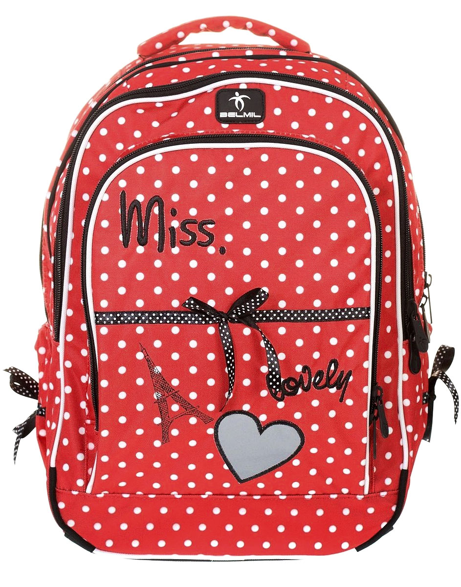 Belmil Рюкзак детский Miss Lovely338-35/488 Belmil Рюкзак детский Miss Lovely338-35/488Детский рюкзак Belmil Miss Lovely предназначен специально для подростков. Рюкзак из прочной ткани с водоотталкивающей пропиткой содержит два основных отделения на застежках-молниях с двумя бегунками. Внутри отделений имеются поднимающиеся плотные вставки для дна. На лицевой стороне рюкзака расположен наружный карман на застежке-молнии. Карман содержит прозрачный накладной кармашек для расписания или личных данных владельца. Снаружи карман украшен бантиком, изображением Эйфелевой башни и светоотражающей вставкой в виде сердечка. По бокам рюкзака расположены два открытых кармана на резинке, декорированные бантиками. Рюкзак оснащен широкими, регулирующимися по длине мягкими лямками со светоотражающими вставками, прорезиненными ножками на дне, а также текстильной мягкой ручкой для удобной переноски в руке. Спинка и лямки рюкзака дополнены эргономичными подушечками и противоскользящей сеточкой с вентиляционными отверстиями.